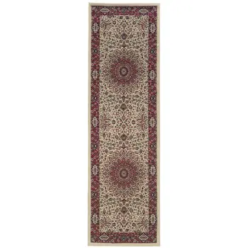 8' Ivory And Red Oriental Runner Rug