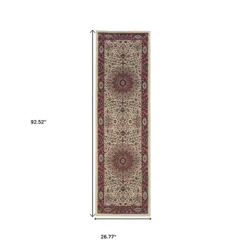 8' Ivory And Red Oriental Runner Rug