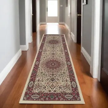8' Ivory And Red Oriental Runner Rug