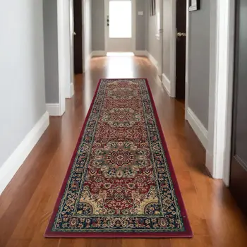 8' Red And Blue Oriental Runner Rug