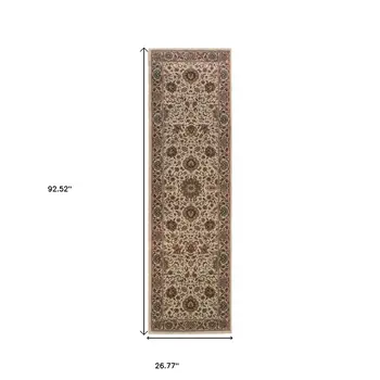 8' Ivory And Green Oriental Runner Rug