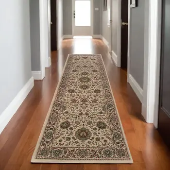 8' Ivory And Green Oriental Runner Rug