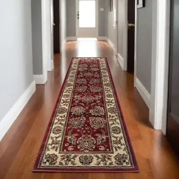 8' Red And Ivory Oriental Runner Rug