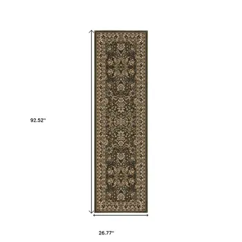8' Green And Ivory Oriental Runner Rug