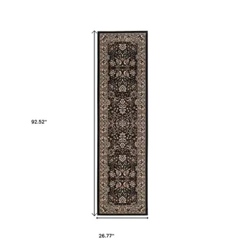 8' Black And Ivory Oriental Runner Rug