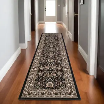 8' Black And Ivory Oriental Runner Rug
