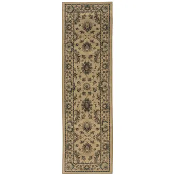 8' Ivory And Green Oriental Runner Rug