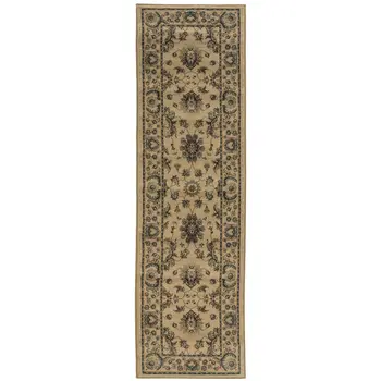 8' Ivory And Green Oriental Runner Rug
