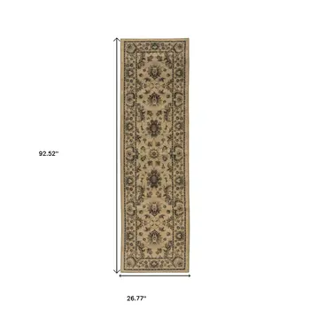 8' Ivory And Green Oriental Runner Rug