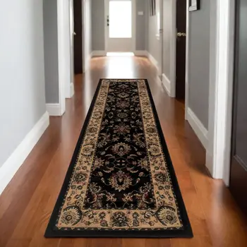 8' Black And Ivory Oriental Runner Rug