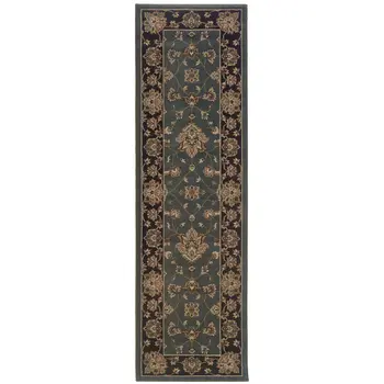 8' Blue And Black Floral Runner Rug