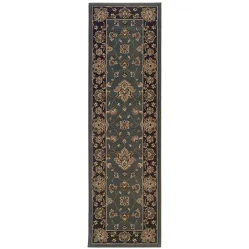 8' Blue And Black Floral Runner Rug
