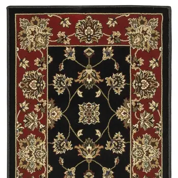 8' Black And Red Floral Runner Rug