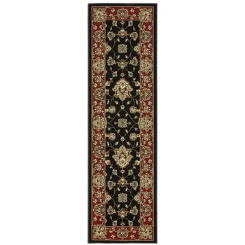 8' Black And Red Floral Runner Rug