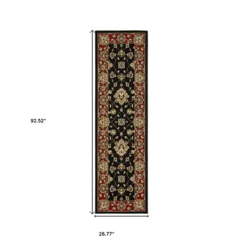 8' Black And Red Floral Runner Rug