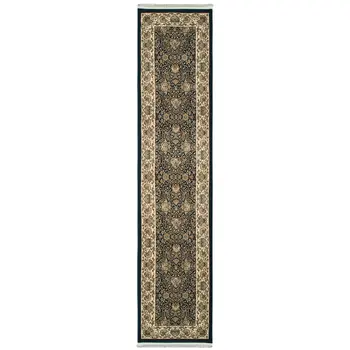 10' Navy Blue And Ivory Oriental Runner Rug With Fringe
