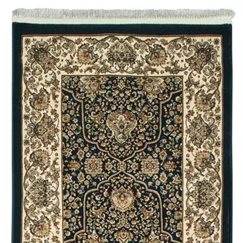 10' Navy Blue And Ivory Oriental Runner Rug With Fringe