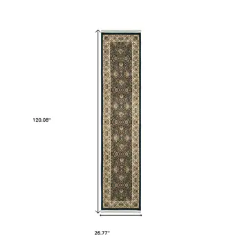 10' Navy Blue And Ivory Oriental Runner Rug With Fringe