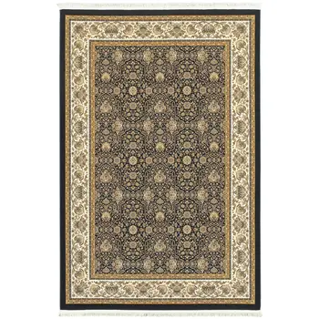 8' X 11' Navy Blue And Ivory Oriental Area Rug With Fringe