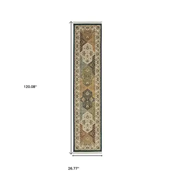 10' Navy Blue Tan And Ivory Oriental Runner Rug With Fringe