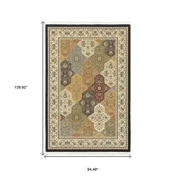 8' X 11' Navy Blue Tan And Ivory Oriental Area Rug With Fringe