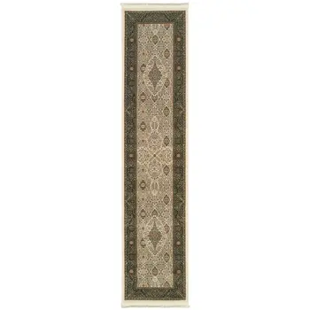 10' Ivory And Dark Blue Medallion Runner Rug With Fringe