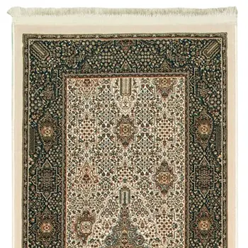 10' Ivory And Dark Blue Medallion Runner Rug With Fringe