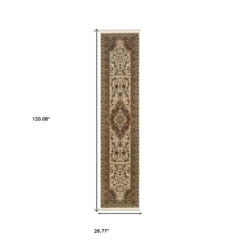 10' Ivory Black And Light Brown Medallion Runner Rug With Fringe