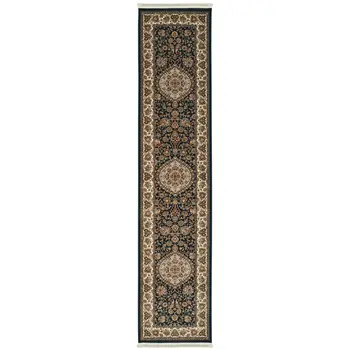 10' Dark Blue And Ivory Medallion Runner Rug With Fringe