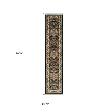 10' Dark Blue And Ivory Medallion Runner Rug With Fringe