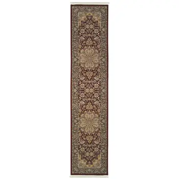 10' Red Light Brown And Ivory Medallion Runner Rug With Fringe