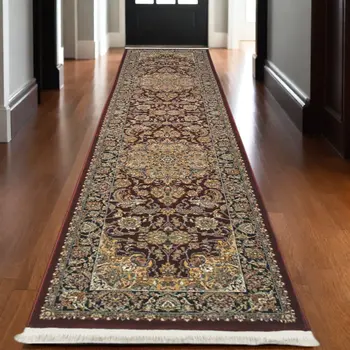 10' Red Light Brown And Ivory Medallion Runner Rug With Fringe