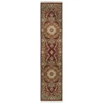 10' Red Light Brown And Ivory Medallion Runner Rug With Fringe