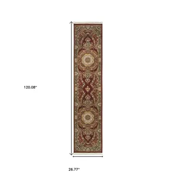 10' Red Light Brown And Ivory Medallion Runner Rug With Fringe
