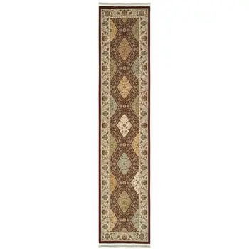 10' Red Light Brown And Ivory Oriental Runner Rug With Fringe
