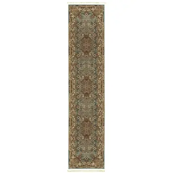 10' Blue And Gold Medallion Runner Rug With Fringe