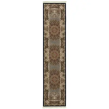 10' Blue And Red Medallion Runner Rug With Fringe