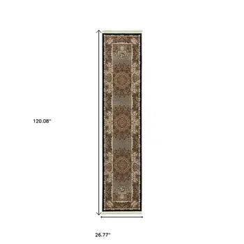 10' Blue And Red Medallion Runner Rug With Fringe