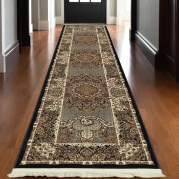 10' Blue And Red Medallion Runner Rug With Fringe