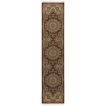10' Red And Gold Medallion Runner Rug With Fringe