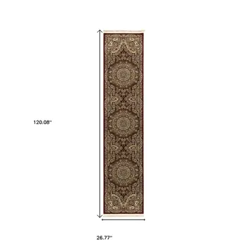 10' Red And Gold Medallion Runner Rug With Fringe