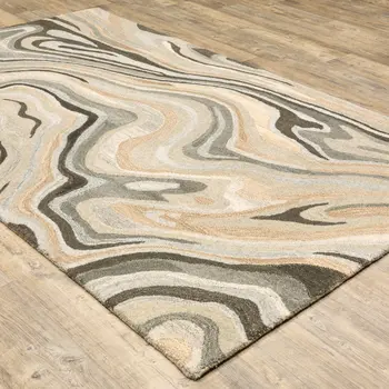 5' X 8' Beige And Charcoal Wool Abstract Hand Tufted Area Rug
