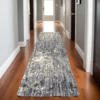 8' Gray And Ivory Abstract Shag Runner Rug