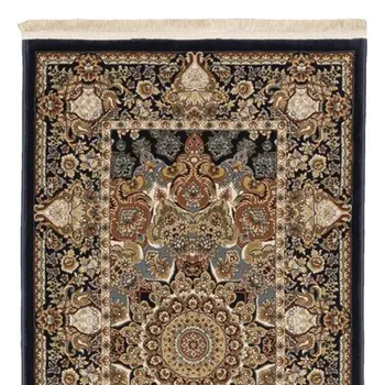 10' Navy Blue Light Brown And Ivory Medallion Runner Rug With Fringe