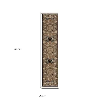 10' Navy Blue Light Brown And Ivory Medallion Runner Rug With Fringe