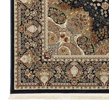 10' Navy Blue Light Brown And Ivory Medallion Runner Rug With Fringe
