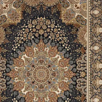 8' X 11' Navy Blue Light Brown And Ivory Medallion Area Rug With Fringe