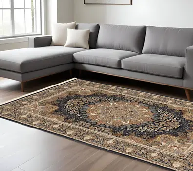 8' X 11' Navy Blue Light Brown And Ivory Medallion Area Rug With Fringe