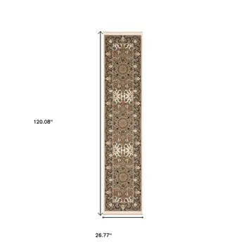 10' Ivory Brown And Black Medallion Runner Rug With Fringe