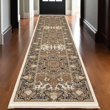10' Ivory Brown And Black Medallion Runner Rug With Fringe